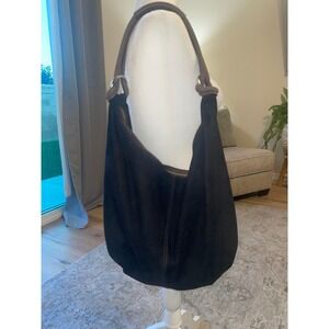 100% Toscana Italy Black Genuine Leather Hobo Shoulder Bag Brown Strap